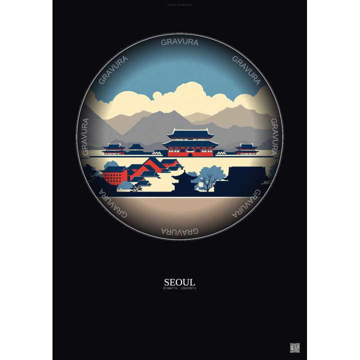 Affiche Seoul – Poster illustration vintage – Gyeongbokgung | Gravura – Fond foncé