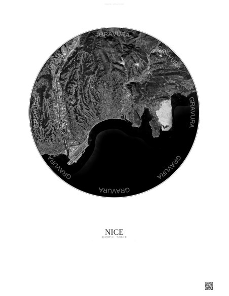 Affiche Nice – Poster vue satellite 10km N&B | Gravura – Fond clair