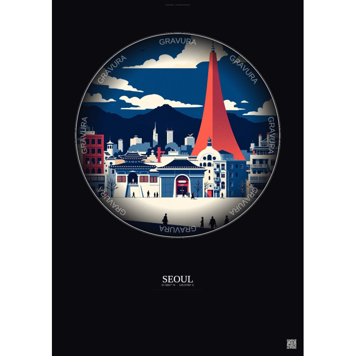 Affiche Seoul – Poster illustration vintage – Seoul | Gravura – Fond foncé