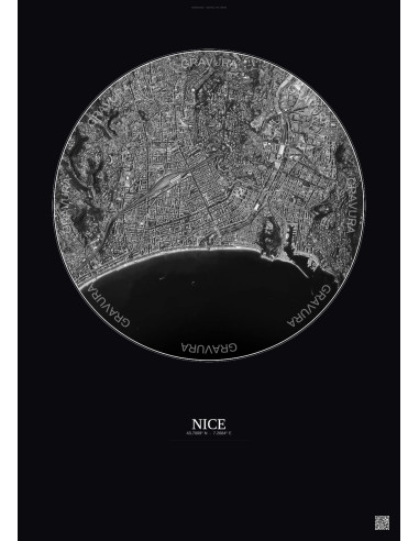 Affiche Nice – Poster vue satellite 2.5km N&B | Gravura – Fond foncé
