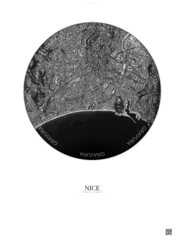 Affiche Nice – Poster vue satellite 2.5km N&B | Gravura – Fond clair