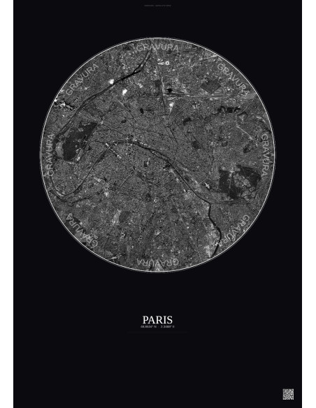 Affiche Paris – Poster vue satellite 10km N&B | Gravura – Fond foncé