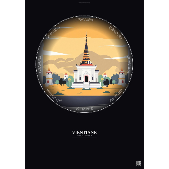 Affiche Vientiane – Poster illustration vintage – Wat Si Muang | Gravura – Fond foncé