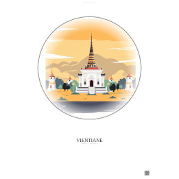 Affiche Vientiane – Poster illustration vintage – Wat Si Muang | Gravura – Fond clair