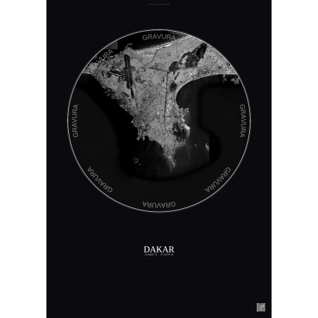 Affiche Dakar – Poster vue satellite 10km N&B | Gravura – Fond foncé