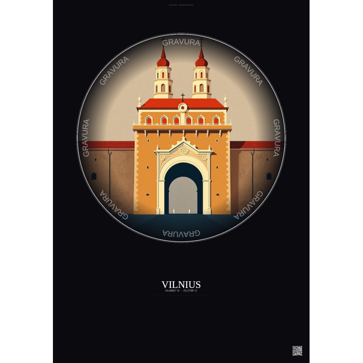 Affiche Vilnius – Poster illustration vintage – Gate Of Dawn | Gravura – Fond foncé