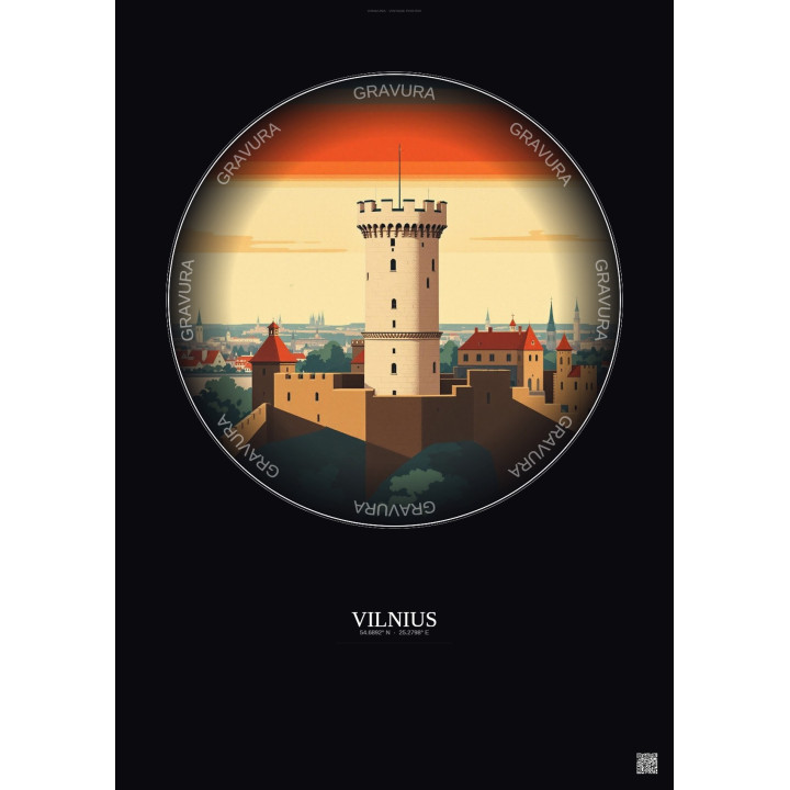 Affiche Vilnius – Poster illustration vintage – Gediminas Tower | Gravura – Fond foncé