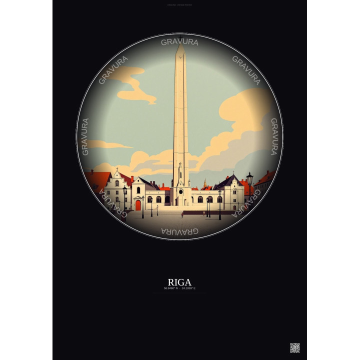 Affiche Riga – Poster illustration vintage – Freedom Monument | Gravura – Fond foncé