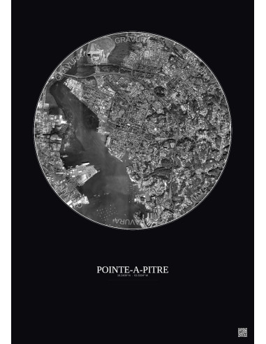 Affiche Pointe A Pitre – Poster vue satellite 2.5km N&B | Gravura – Fond foncé