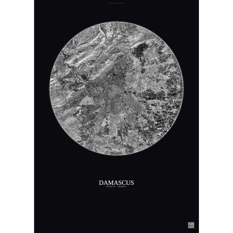 Affiche Damascus – Poster vue satellite 10km N&B | Gravura – Fond foncé