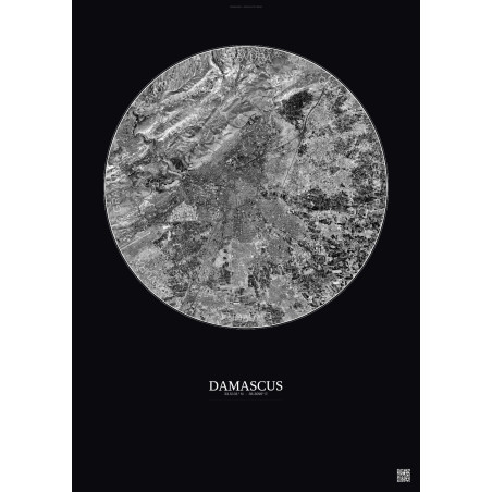 Affiche Damascus – Poster vue satellite 10km N&B | Gravura – Fond foncé
