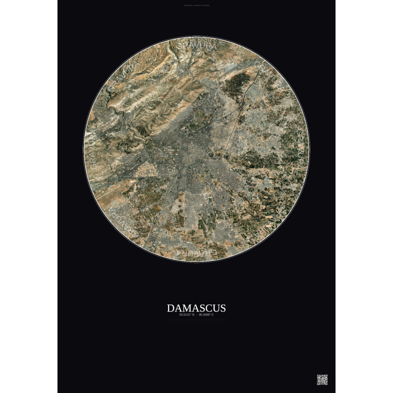Affiche Damascus – Poster vue satellite 10km Couleur | Gravura – Fond foncé
