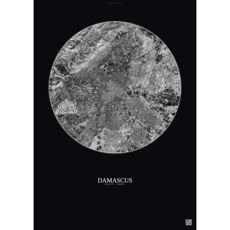 Affiche Damascus – Poster vue satellite 6km N&B | Gravura – Fond foncé