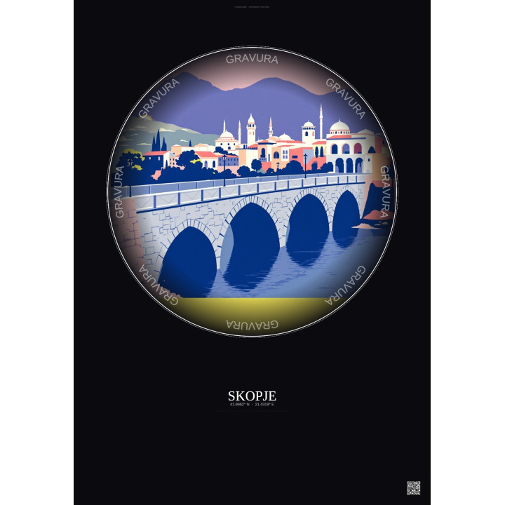 Affiche Skopje – Poster illustration vintage – Skopje | Gravura – Fond foncé