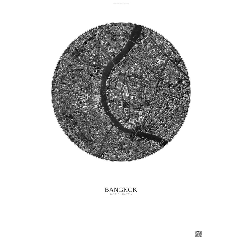 Affiche Bangkok – Poster vue satellite 2.5km N&B | Gravura – Fond clair