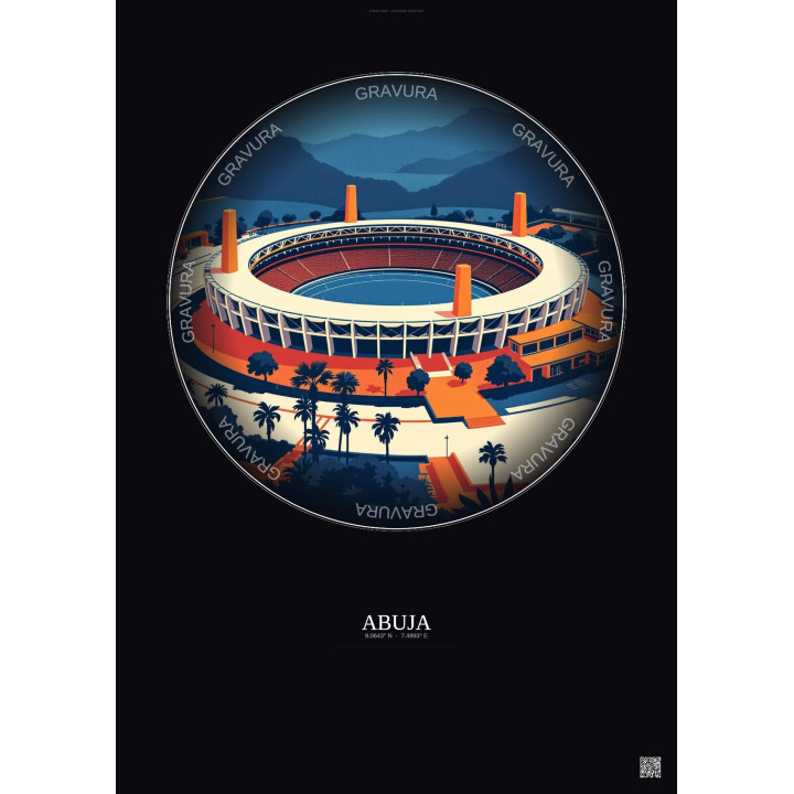 Affiche Abuja – Poster illustration vintage – Abuja Stadium | Gravura – Fond foncé