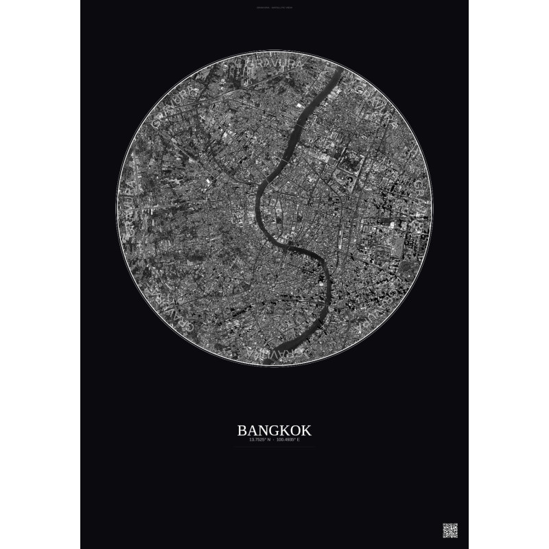 Affiche Bangkok – Poster vue satellite 6km N&B | Gravura – Fond foncé