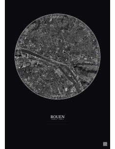 Affiche Rouen – Poster vue satellite 2.5km N&B | Gravura – Fond foncé
