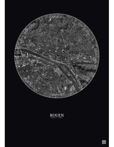 Affiche Rouen – Poster vue satellite 2.5km N&B | Gravura – Fond foncé