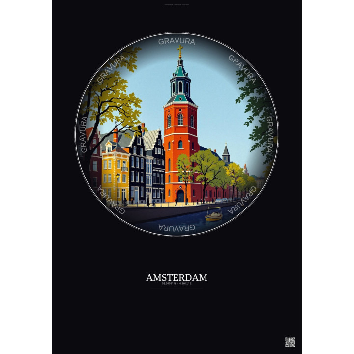 Affiche Amsterdam – Poster illustration vintage – Westerkerk | Gravura – Fond foncé