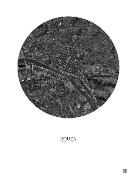 Affiche Rouen – Poster vue satellite 2.5km N&B | Gravura – Fond clair