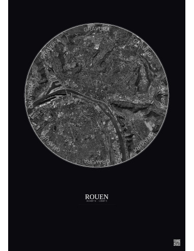 Affiche Rouen – Poster vue satellite 5km N&B | Gravura – Fond foncé