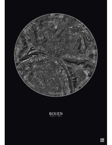 Affiche Rouen – Poster vue satellite 5km N&B | Gravura – Fond foncé