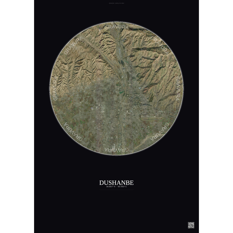 Affiche Dushanbe – Poster vue satellite 10km Couleur | Gravura – Fond foncé
