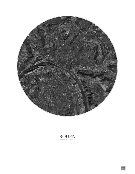 Affiche Rouen – Poster vue satellite 5km N&B | Gravura – Fond clair