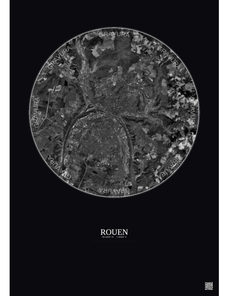 Affiche Rouen – Poster vue satellite 10km N&B | Gravura – Fond foncé