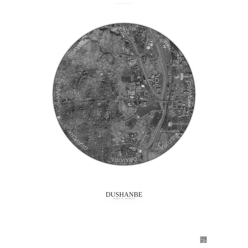Affiche Dushanbe – Poster vue satellite 2.5km N&B | Gravura – Fond clair