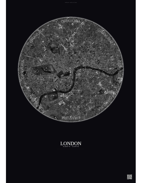 Affiche London – Poster vue satellite 6km N&B | Gravura – Fond foncé
