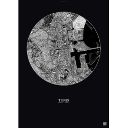 Affiche Tunis – Poster vue satellite 2.5km N&B | Gravura – Fond foncé