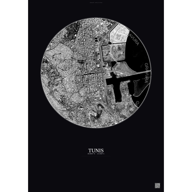 Affiche Tunis – Poster vue satellite 2.5km N&B | Gravura – Fond foncé