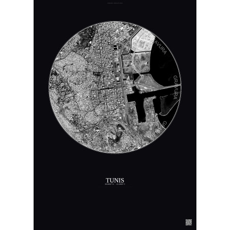 Affiche Tunis – Poster vue satellite 2.5km N&B | Gravura – Fond foncé