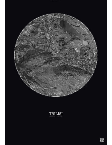 Affiche Tbilisi – Poster vue satellite 10km N&B | Gravura – Fond foncé