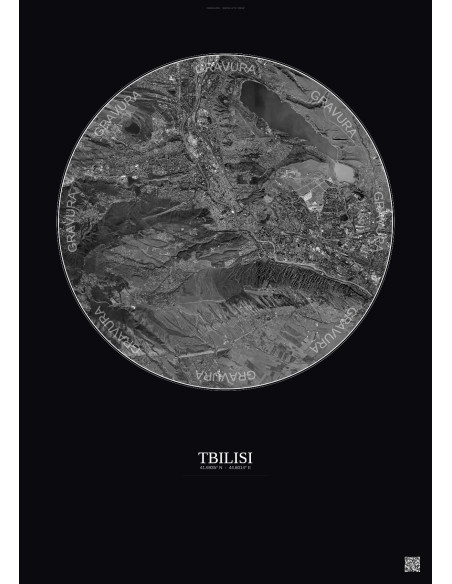 Affiche Tbilisi – Poster vue satellite 10km N&B | Gravura – Fond foncé