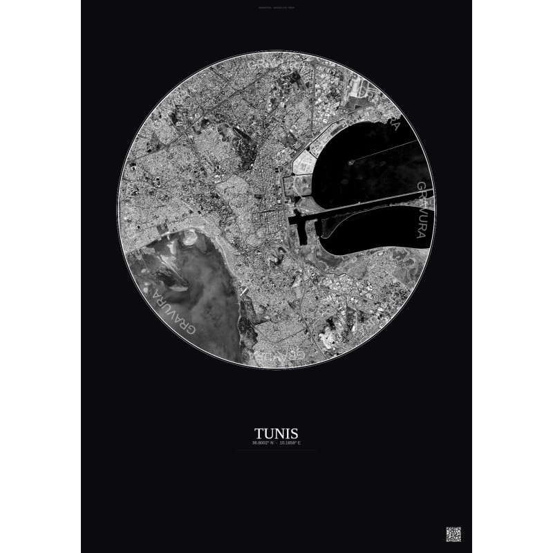 Affiche Tunis – Poster vue satellite 6km N&B | Gravura – Fond foncé