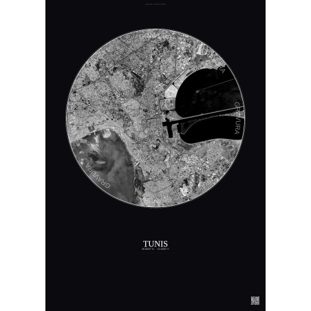 Affiche Tunis – Poster vue satellite 6km N&B | Gravura – Fond foncé