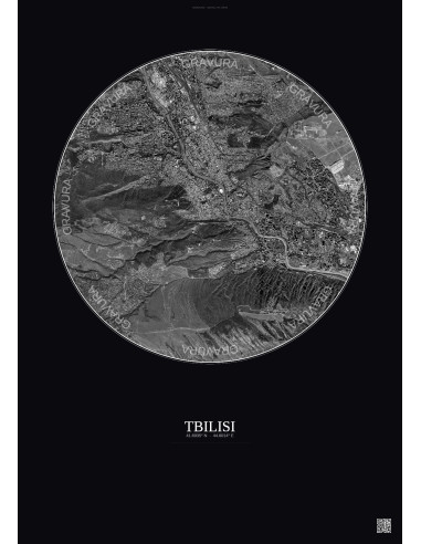 Affiche Tbilisi – Poster vue satellite 6km N&B | Gravura – Fond foncé