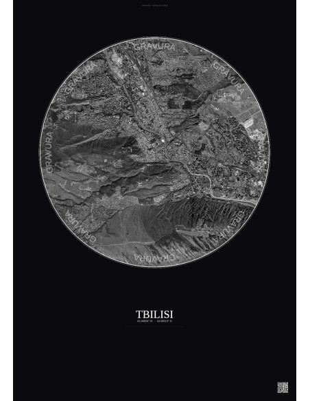 Affiche Tbilisi – Poster vue satellite 6km N&B | Gravura – Fond foncé