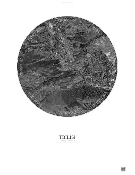 Affiche Tbilisi – Poster vue satellite 6km N&B | Gravura – Fond clair