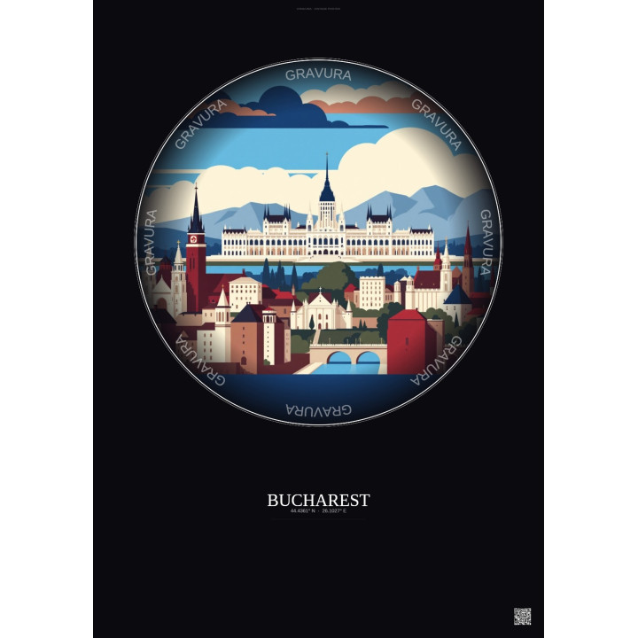 Affiche Bucharest – Poster illustration vintage – Bucharest | Gravura – Fond foncé