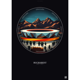 Affiche Bucharest – Poster illustration vintage – National Arena | Gravura – Fond foncé