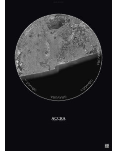 Affiche Accra – Poster vue satellite 10km N&B | Gravura – Fond foncé