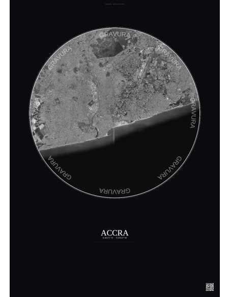 Affiche Accra – Poster vue satellite 10km N&B | Gravura – Fond foncé