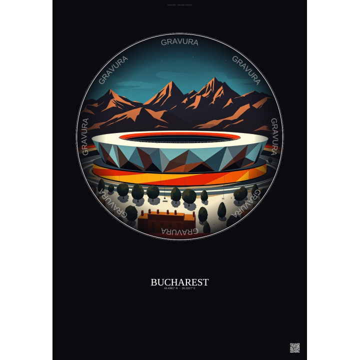 Affiche Bucharest – Poster illustration vintage – National Arena | Gravura – Fond foncé