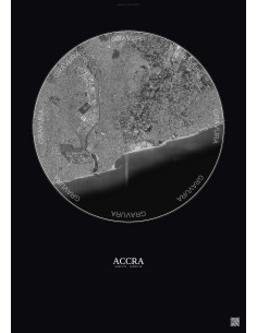Affiche Accra – Poster vue satellite 6km N&B | Gravura – Fond foncé