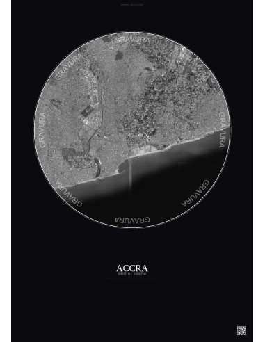 Affiche Accra – Poster vue satellite 6km N&B | Gravura – Fond foncé