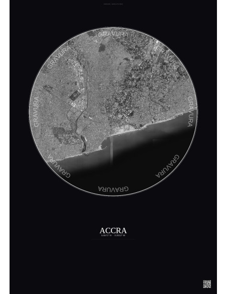 Affiche Accra – Poster vue satellite 6km N&B | Gravura – Fond foncé